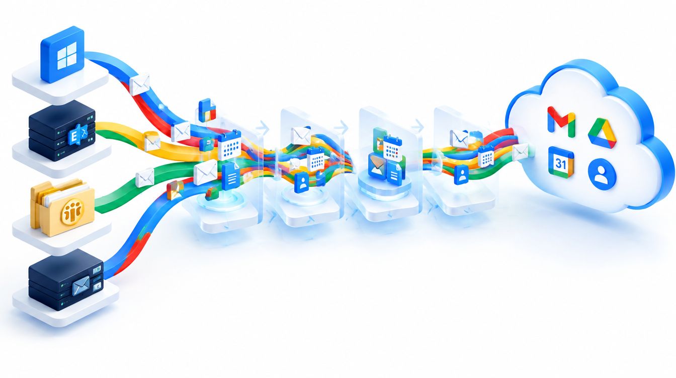 Data from Microsoft 365, Exchange, HCL Notes, and mail servers passing through migration stages into Google Workspace