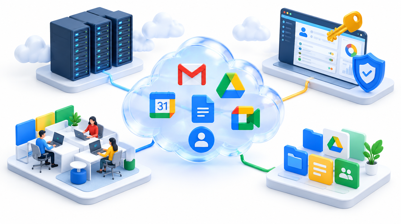 A cloud workspace with modular app panels, an admin console, and a license key