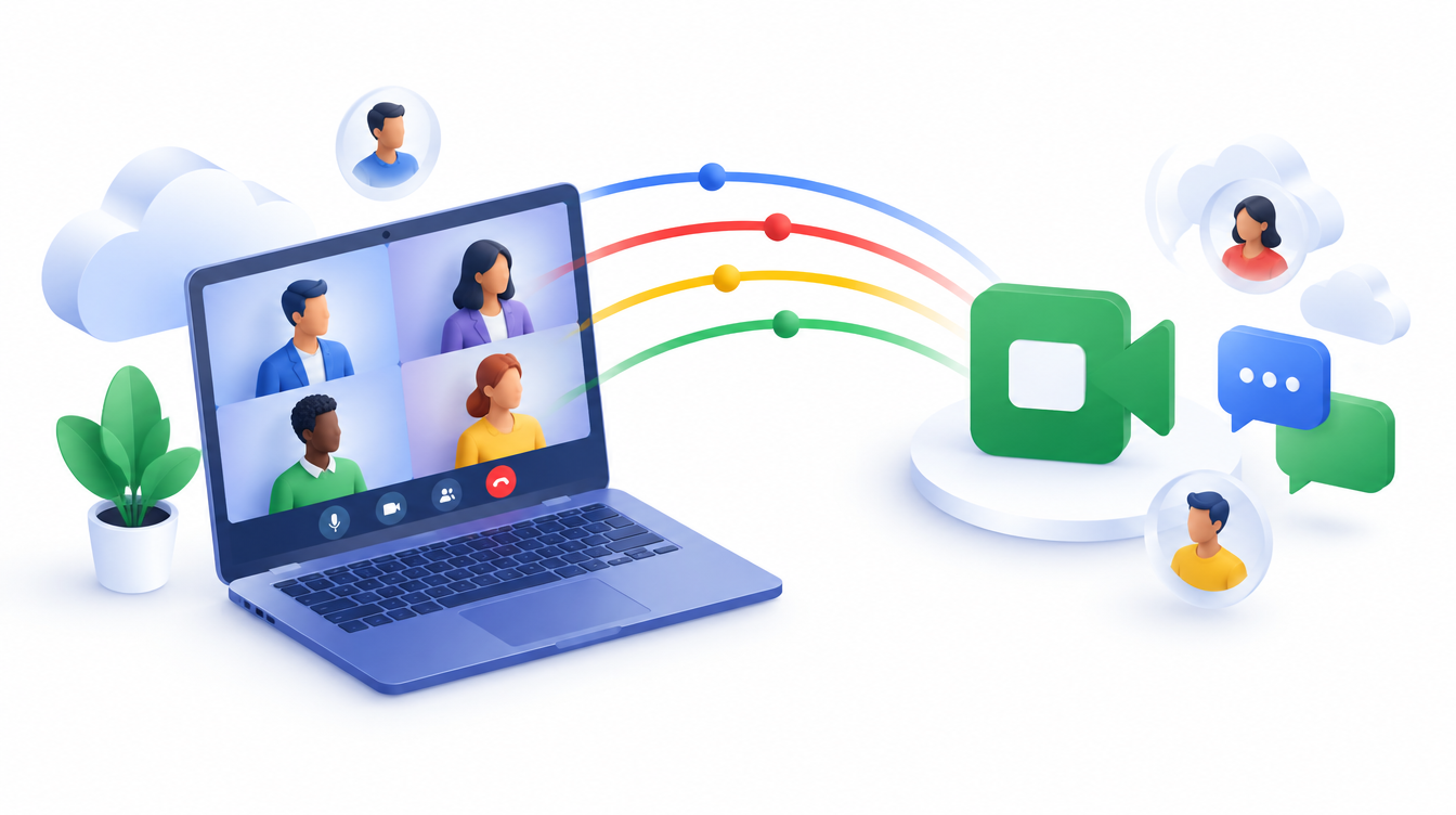 Video meeting screens connecting people in a cloud workspace