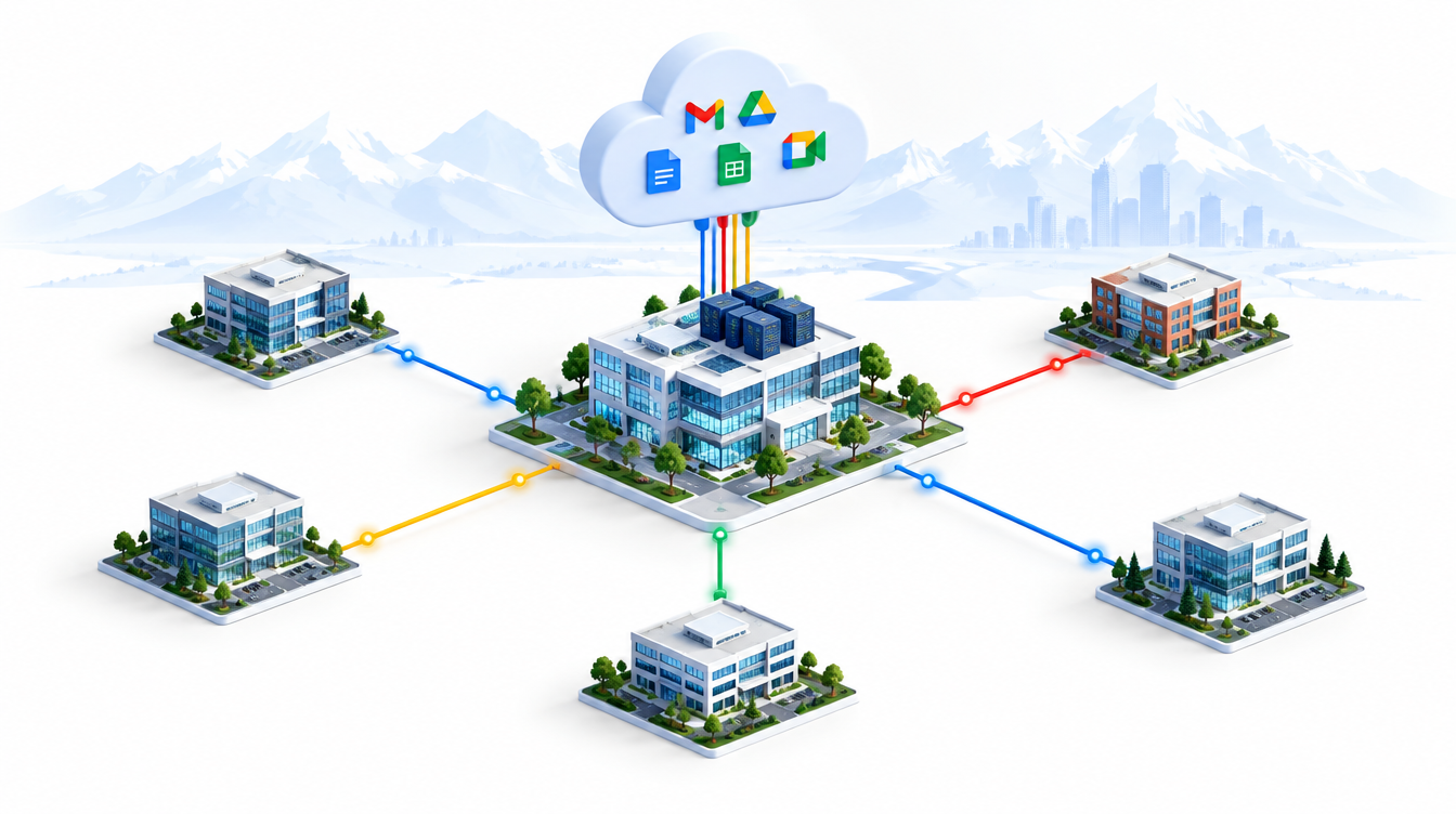 A central office platform connected by data lines to many client buildings