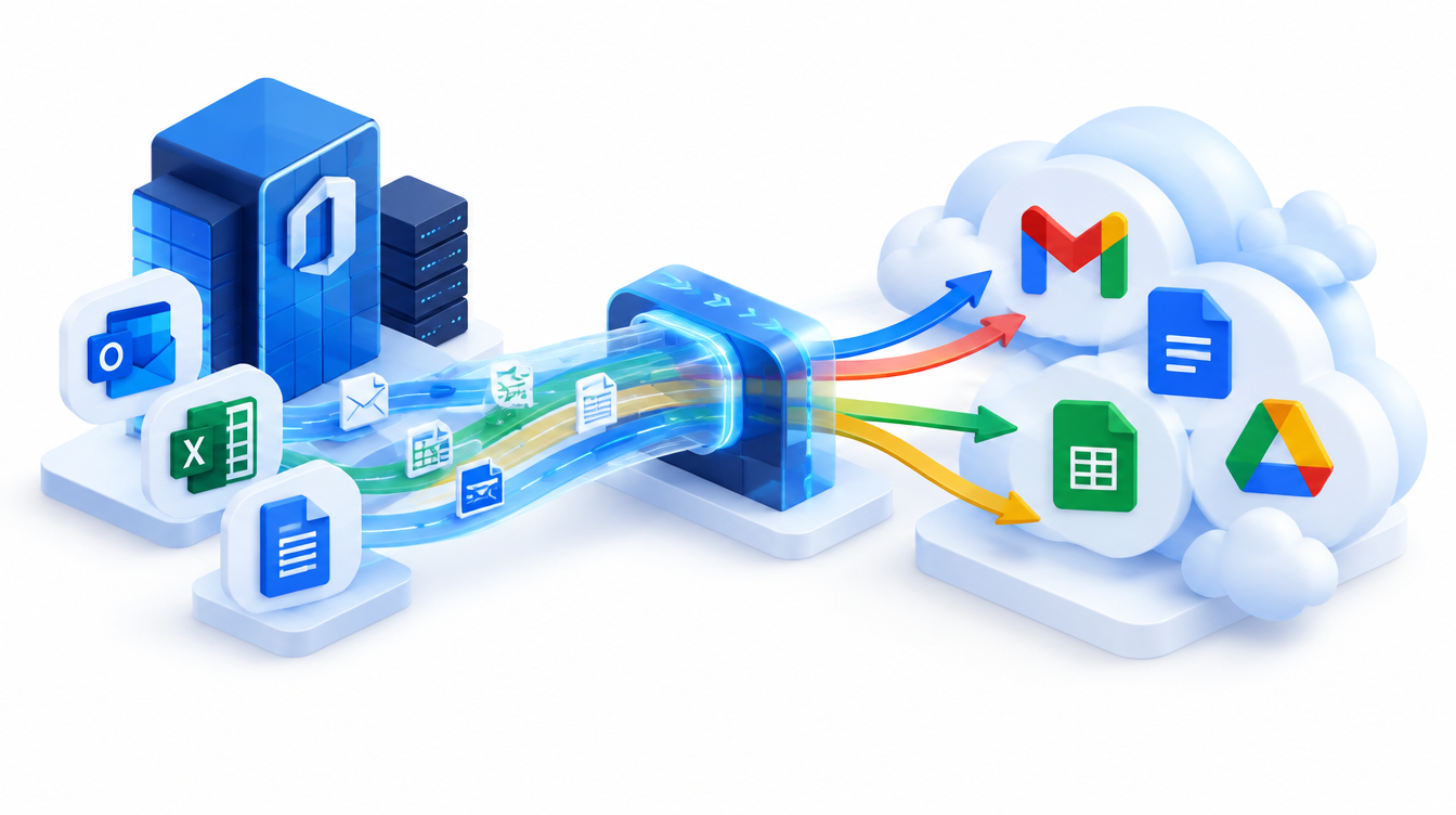Documents passing through a doorway from an office suite into a cloud workspace