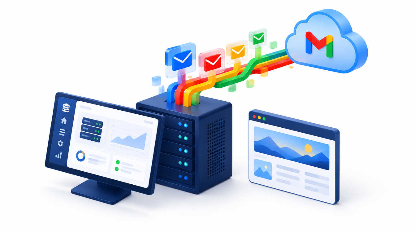 Server mailboxes connected to a cloud inbox by colorful data paths