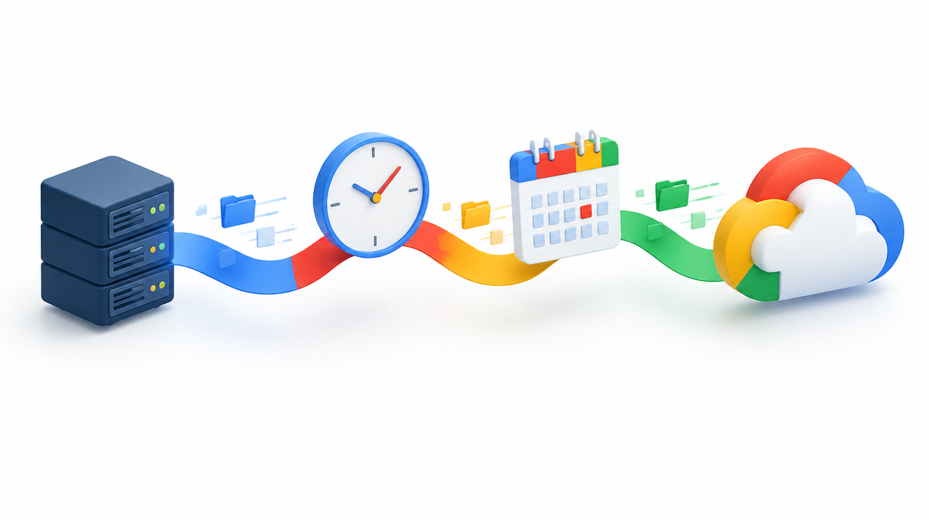 A clock and calendar beside data moving into a cloud workspace