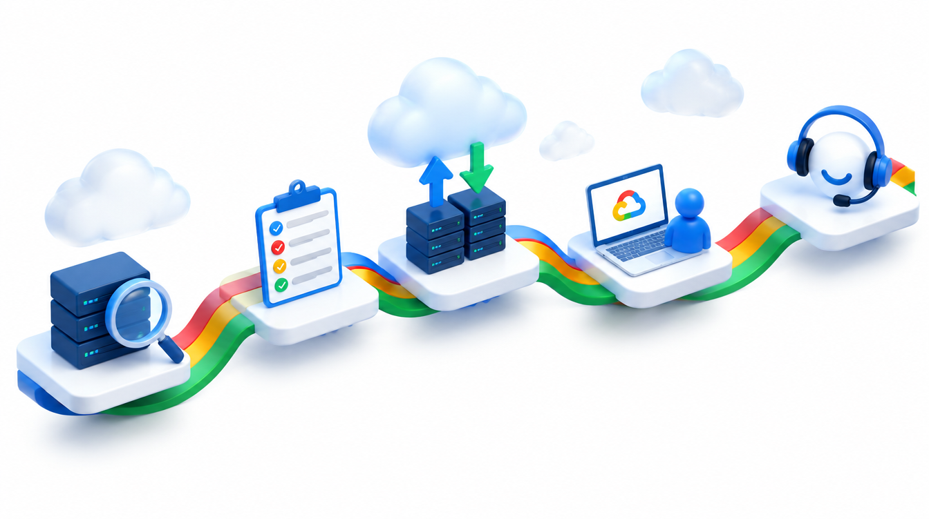 Five connected platforms showing the migration stages: discovery, planning, data transfer, training, and support