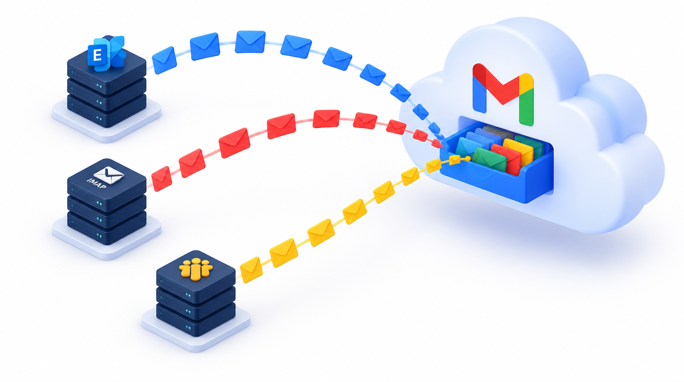 Envelopes flying along a route from mail servers to the cloud