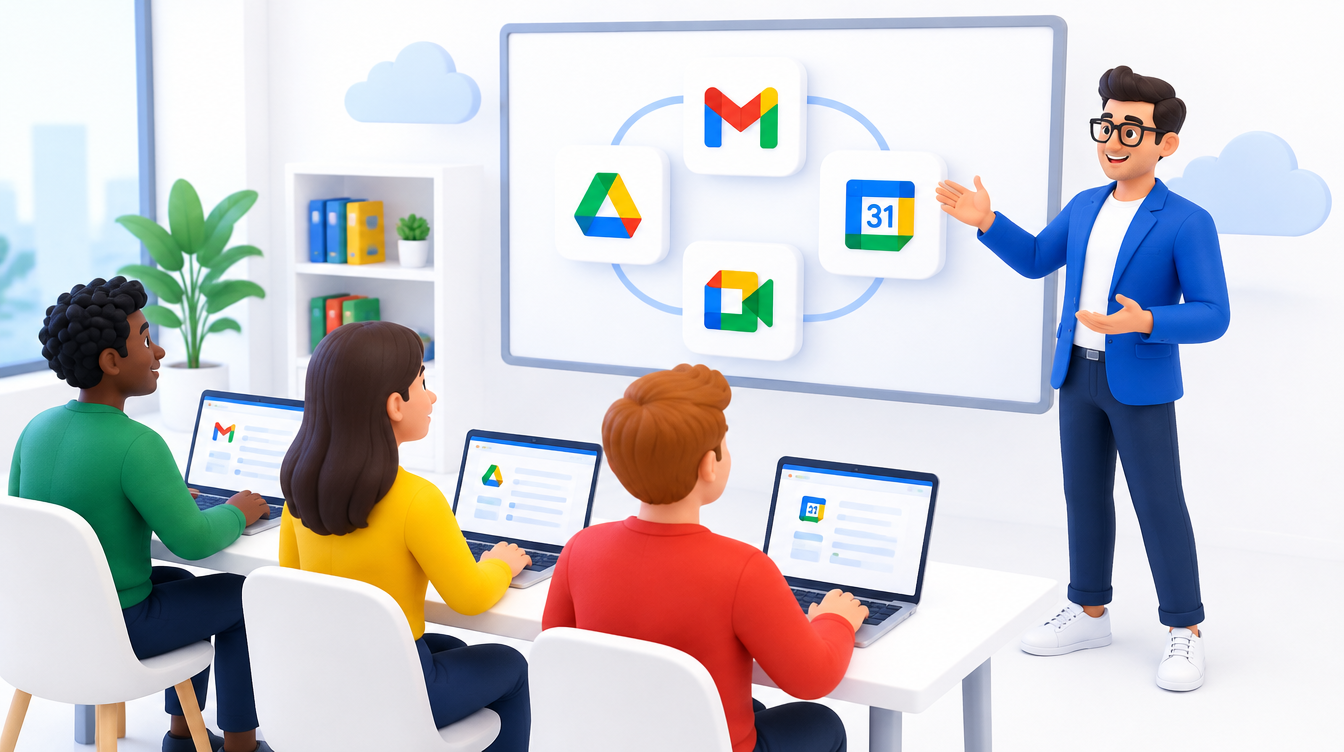 A training session with users at laptops in front of a large presentation screen