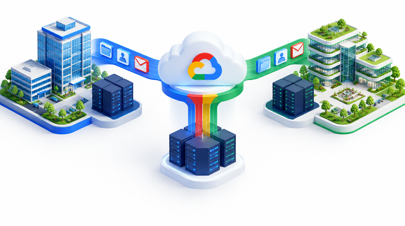 Two company campuses joined by data bridges into one unified cloud platform