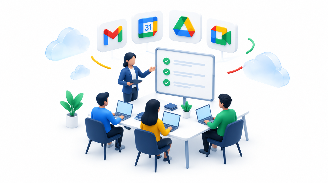 A training calendar beside people learning at laptops
