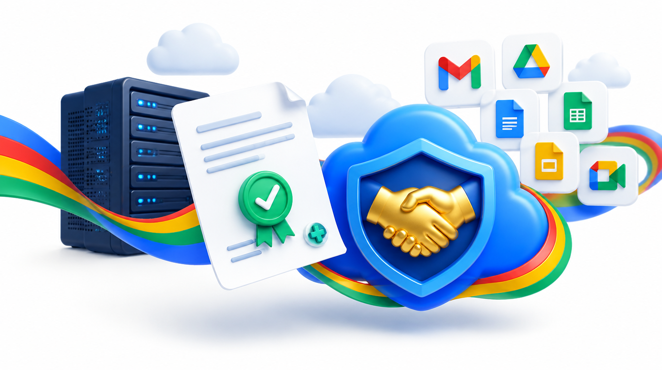 A signed agreement beside a medical shield and cloud workspace