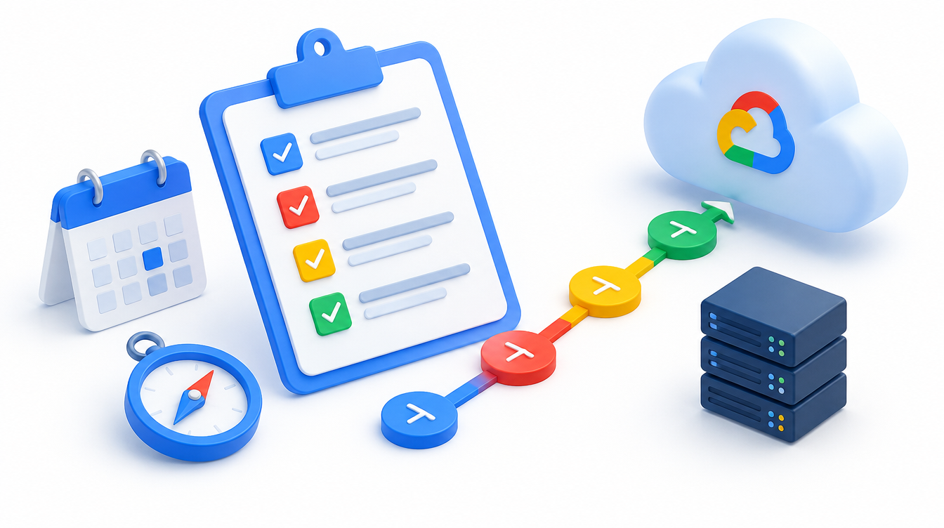 A planning board with a timeline, checklist, compass, and a path to the cloud