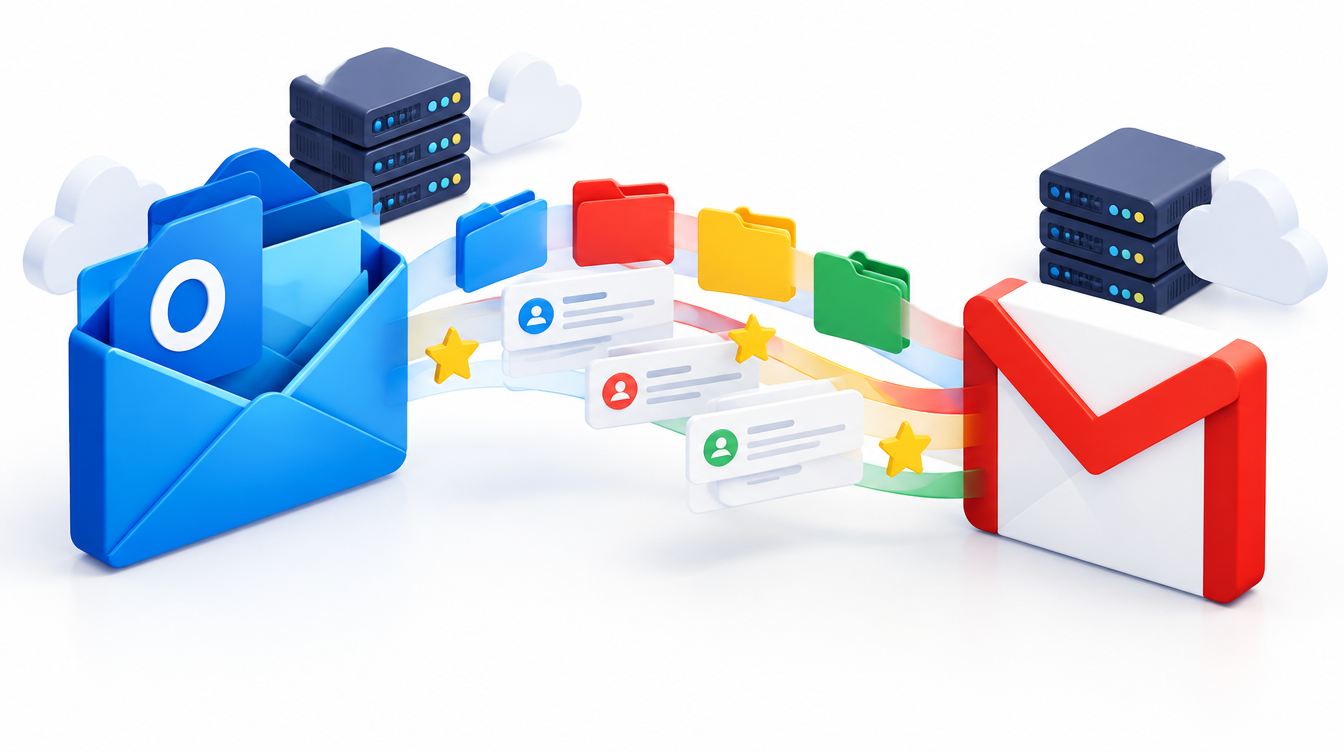 Mail moving between an Outlook inbox and a Gmail workspace