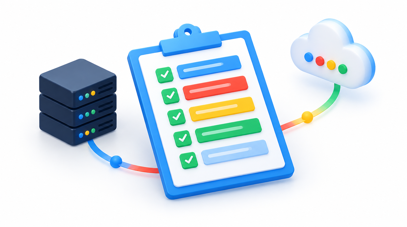 A migration checklist with completed tasks beside a cloud workspace