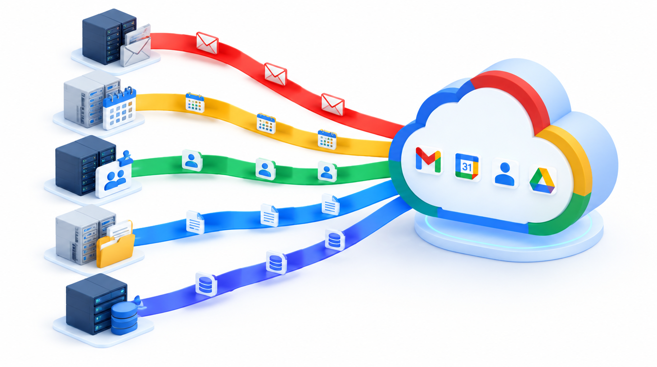 Data routes from several legacy platforms converging on a single cloud hub