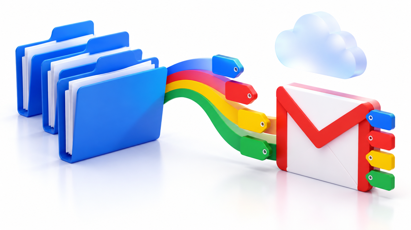 Mail messages organized with colored labels and folders