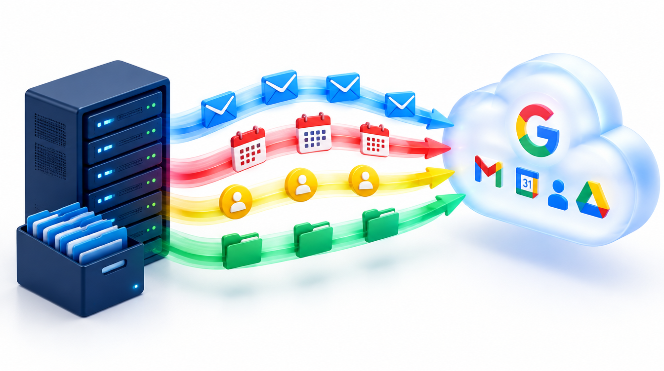 Email, calendar, contact, and document tiles streaming from an on-premises server into a cloud workspace