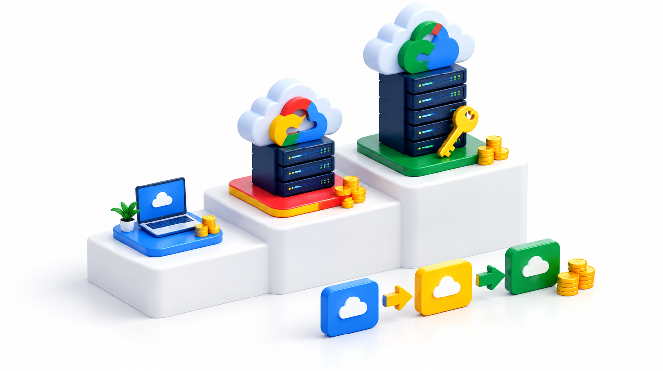 Three ascending plan tiers, each topped with a cloud, beside stacks of coins