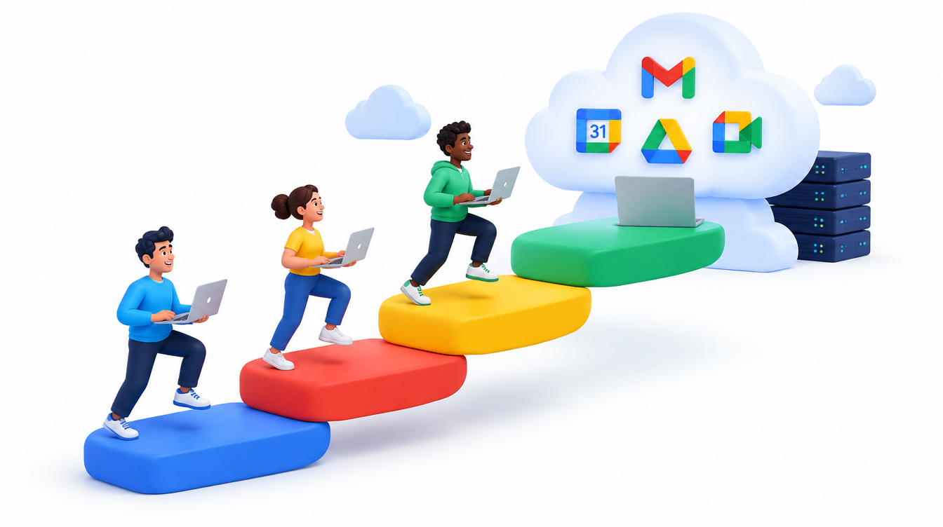 People with laptops climbing colorful steps up to a cloud workspace