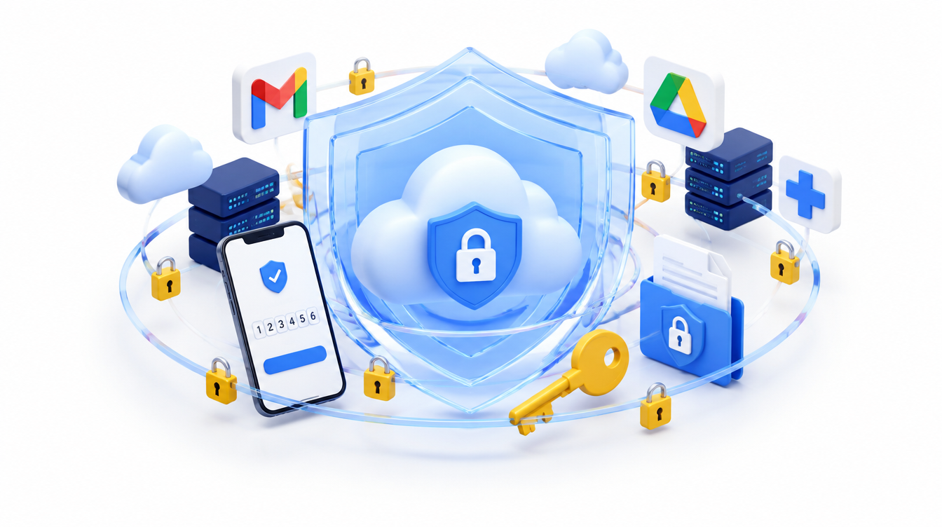 A cloud ringed by security layers, padlocks, a key, and a verified shield